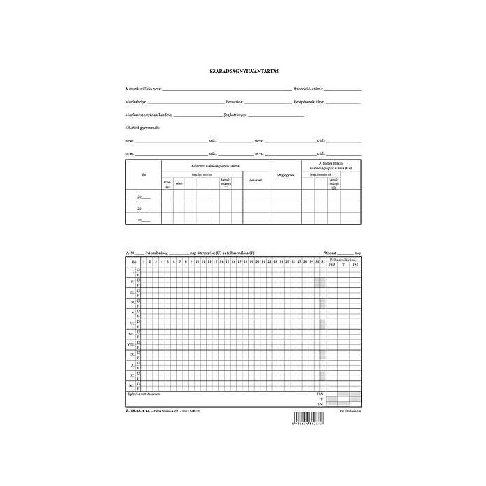 Szabadságnyilvántartás A/4 B.18-48